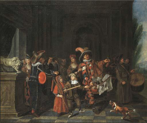 Joseph Van Aken - A theatre company in a portico, a landscape beyond