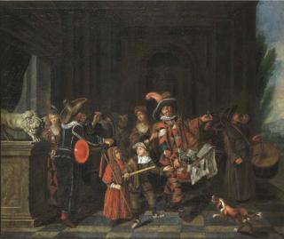 Joseph Van Aken - A theatre company in a portico, a landscape beyond