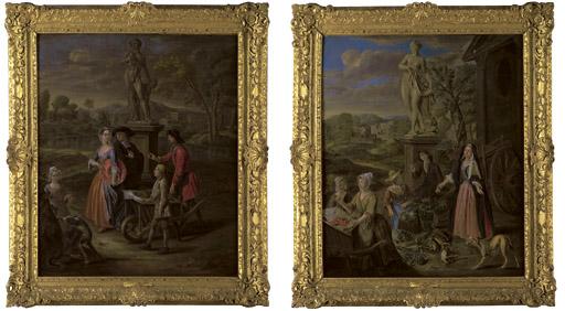 Joseph van Aken - A vegetable seller and his son offering wares to a lady and a cleric by a statue of Bacchus; and A vegetable and fruit market by a statue of Venus, with a town by a river beyond