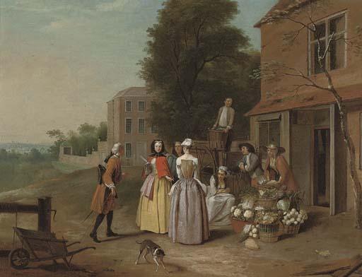 Joseph van Aken - Elegant company at a vegetable stall