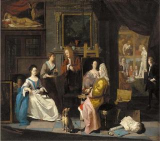 Joseph van Aken - The interior of an artist\'s studio, with a lady having her portrait painted