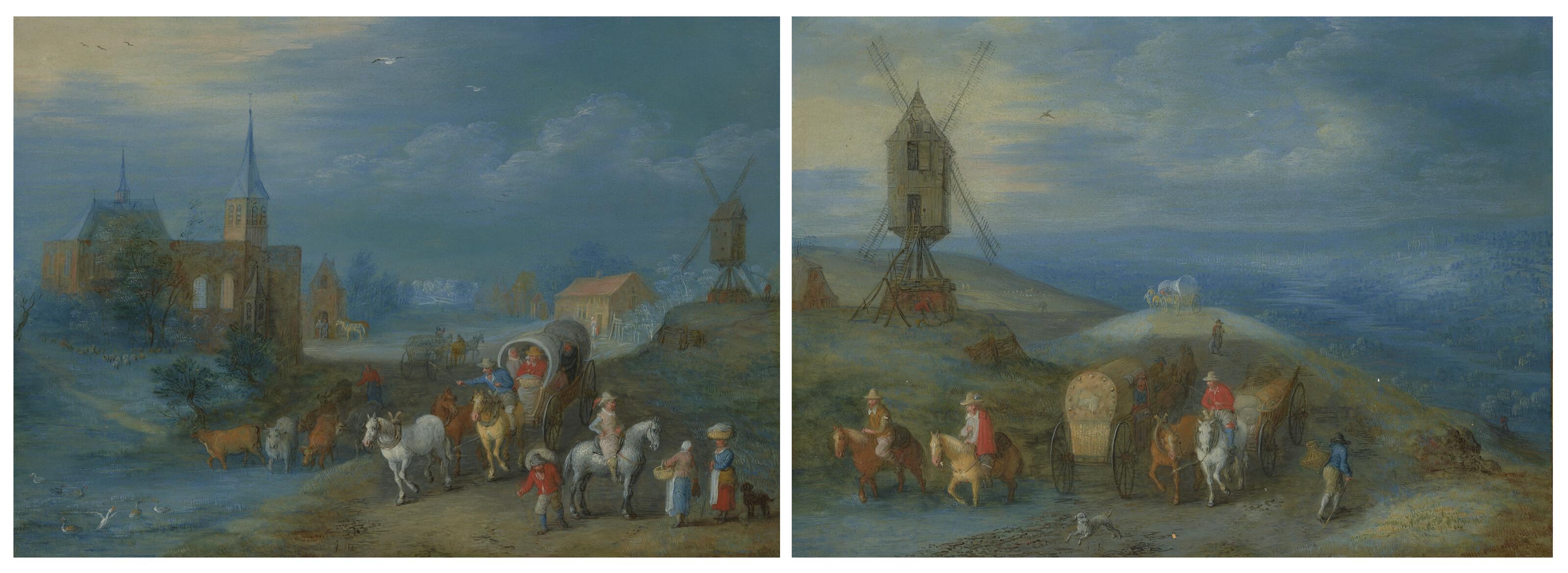 Joseph van Bredael - A caravan passing a windmill, a city beyond; and A caravan passing through town