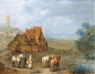 Joseph Van Bredael - A Landscape With Travellers And Their Horses Before A Farmhouse, Windmill Beyond