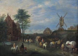 Joseph Van Bredael - A landscape with travellers on a road in a village, a windmill nearby