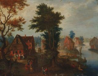 Joseph Van Bredael - A river landscape with boats and carriages by a village