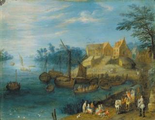 Joseph Van Bredael - A river landscape with travellers and other figures on a path and boats moored before a village