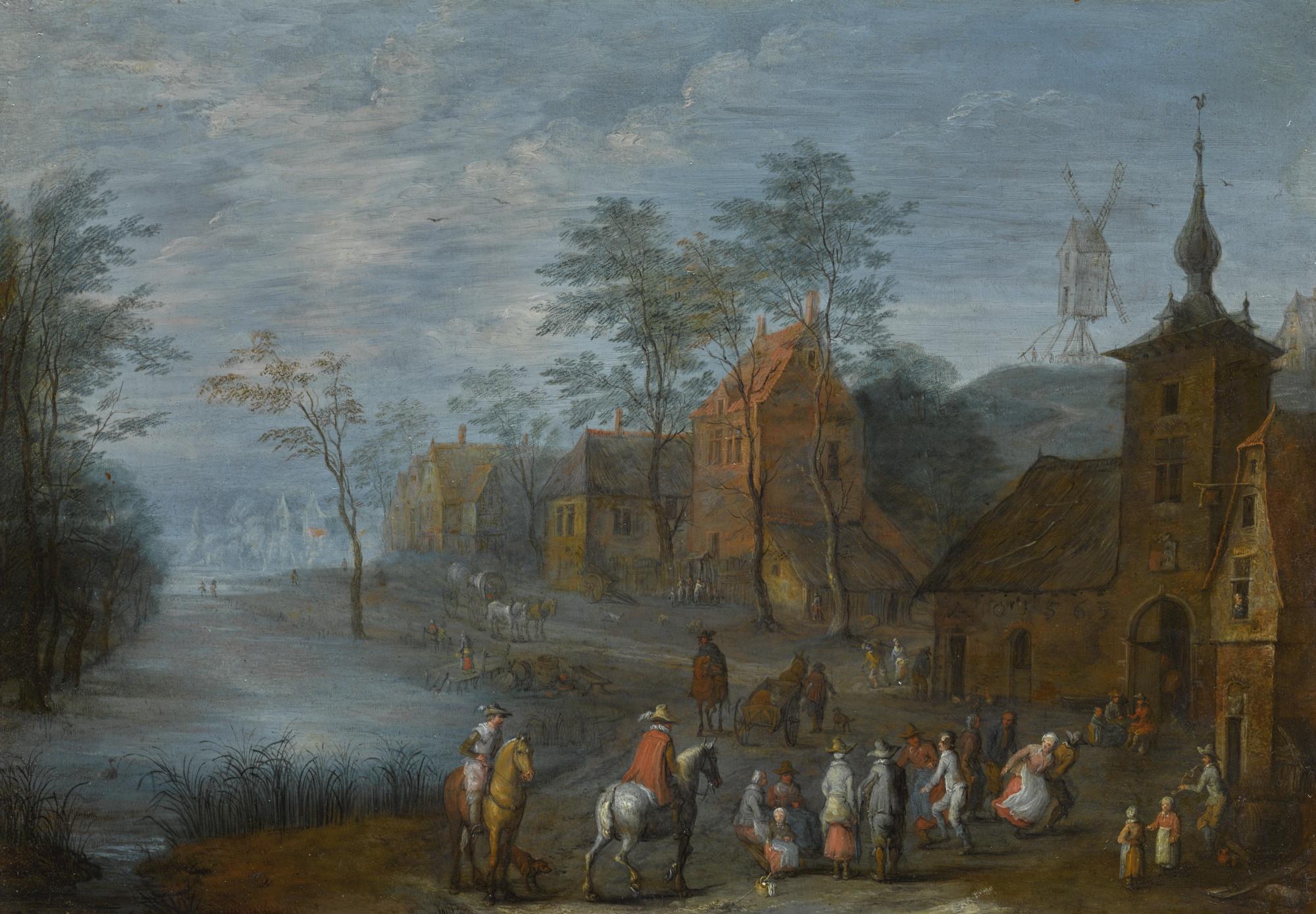Joseph van Bredael - A River Passing Through A Village With Travellers And Figures Making Merry