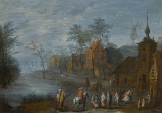 Joseph van Bredael - A River Passing Through A Village With Travellers And Figures Making Merry