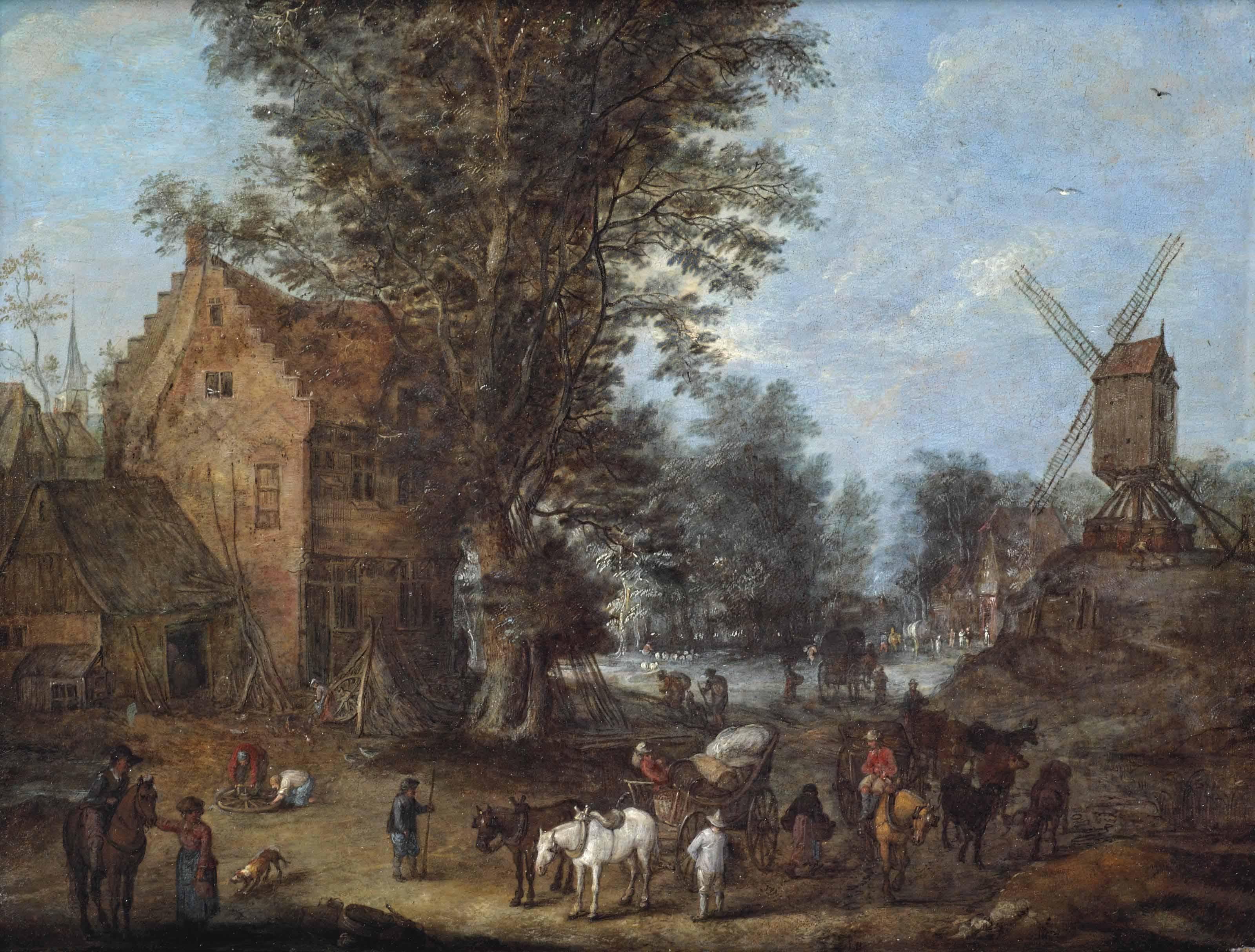 Joseph Van Bredael - A Village Scene With Travellers And Wagoners And Numerous Other Figures At Their Daily Activities
