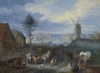 Joseph van Bredael - A village with a windmill, figures with horsedrawn carts in the foreground, a canal and a church beyond