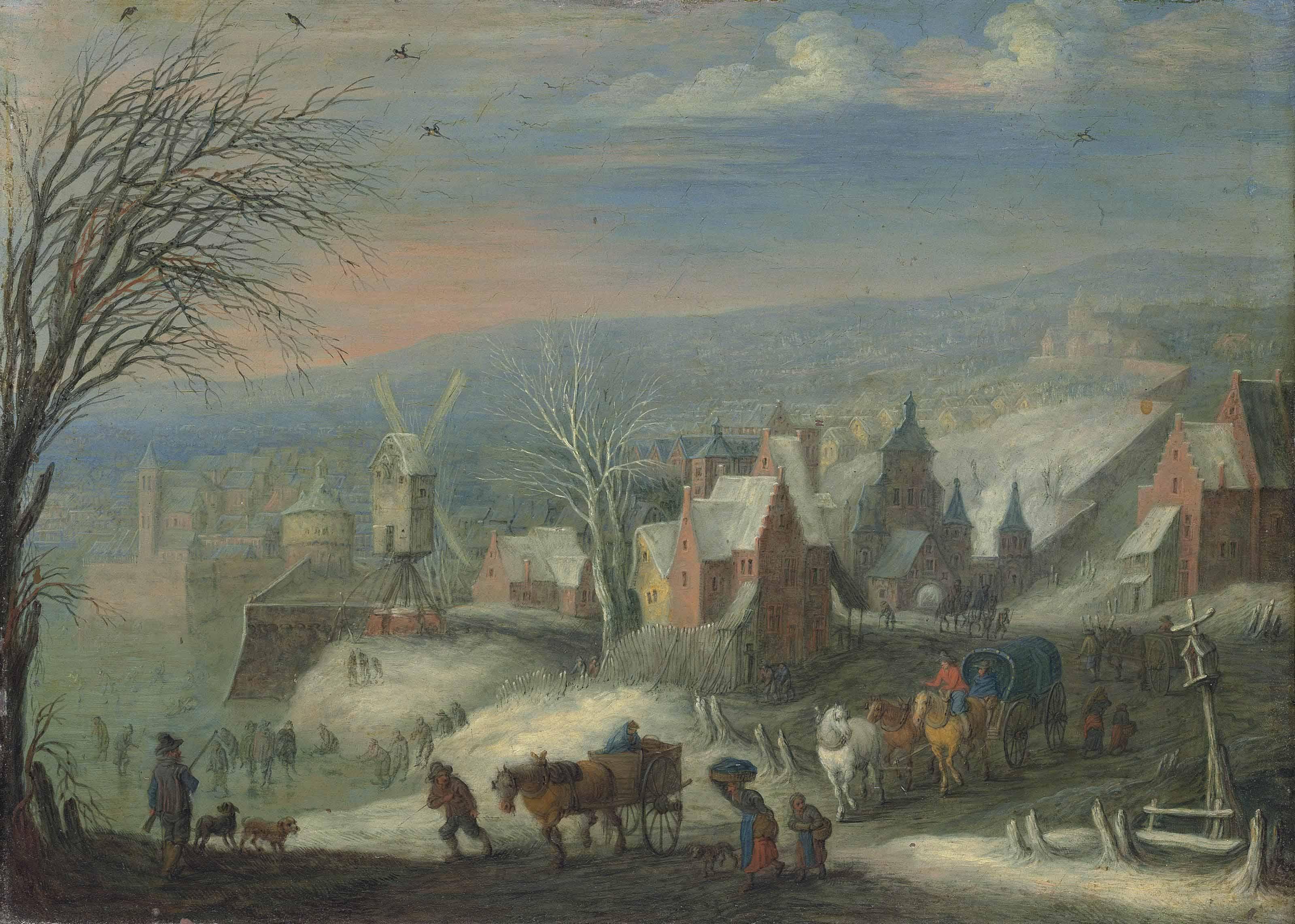 Joseph Van Bredael - A Winter Landscape With Horse-Drawn Carts, A Hunter And His Dogs, And Figures Skating, A Town With A Windmill Beyond