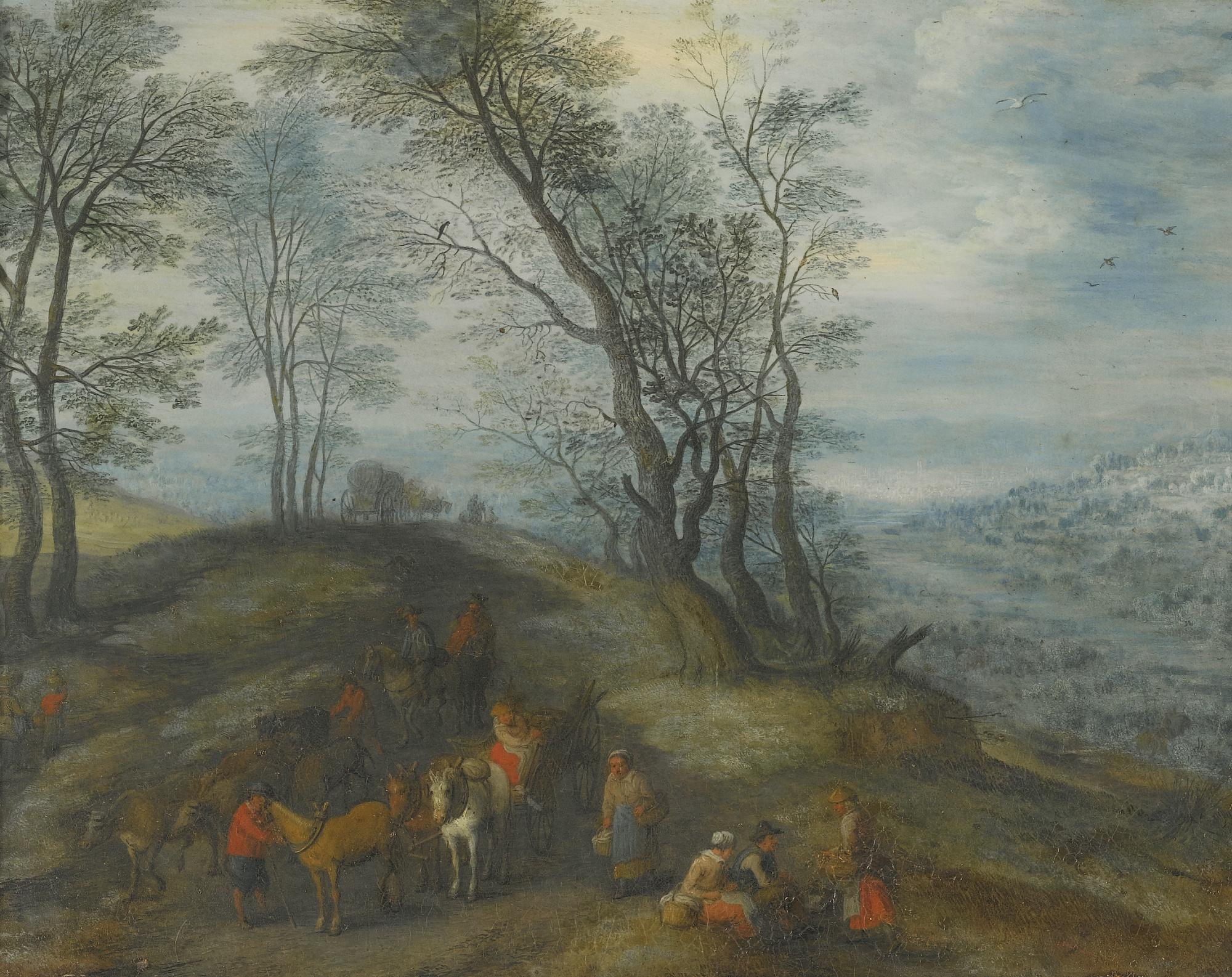 Joseph Van Bredael - A Wooded Landscape With Travellers And Their Horses On A Path