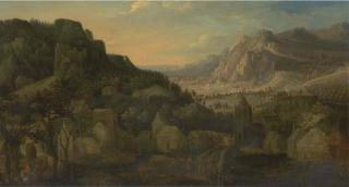 Joseph Van Bredael - An extensive mountain landscape with travellers on a bridge in a village