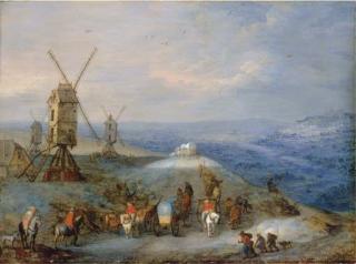 Joseph van Bredael - An extensive open landscape with travellers on a path by a windmill