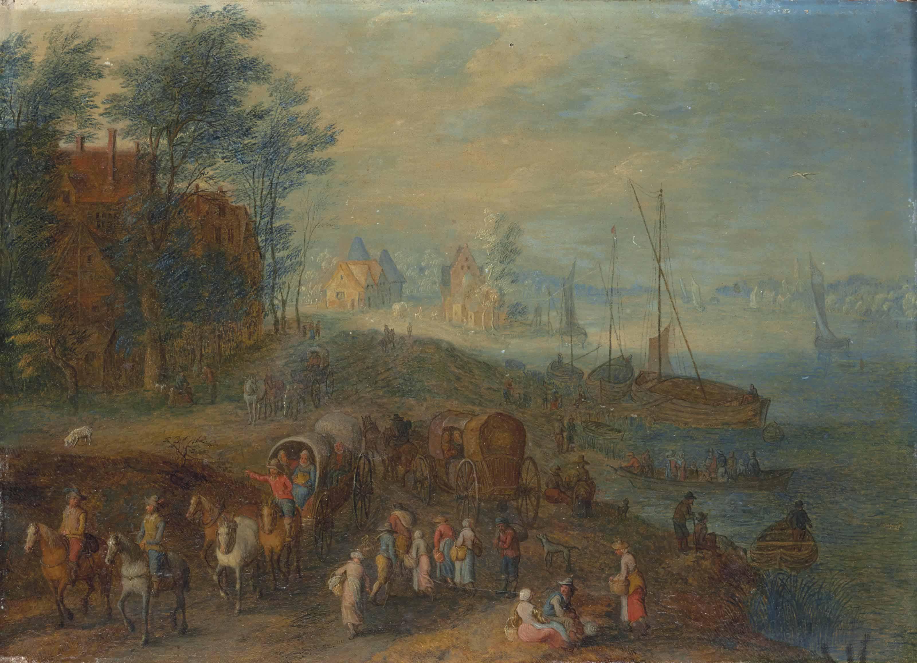 Joseph Van Bredael - Paysage Avec Une Rivière Et Des Passants Sur La Berge