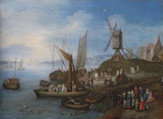 Joseph Van Bredael - Sailing Boats And A Windmill At A Port