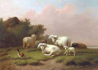 Joseph Van Dieghem - Sheep in a meadow at sunset