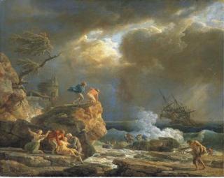 Joseph Vernet - A Mediterranean Rocky Coastal Landscape With Survivors From A Shipwreck, By A Fortified Tower