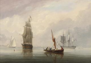 Joseph Walter - A three-masted merchantman in a light breeze off Avonmouth, with a Royal Navy frigate anchored and drying her sails offshore