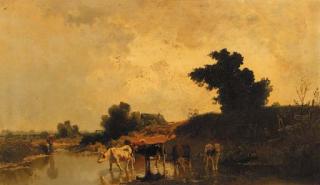 Joseph Wenglein - Cattle fording a pond in summer