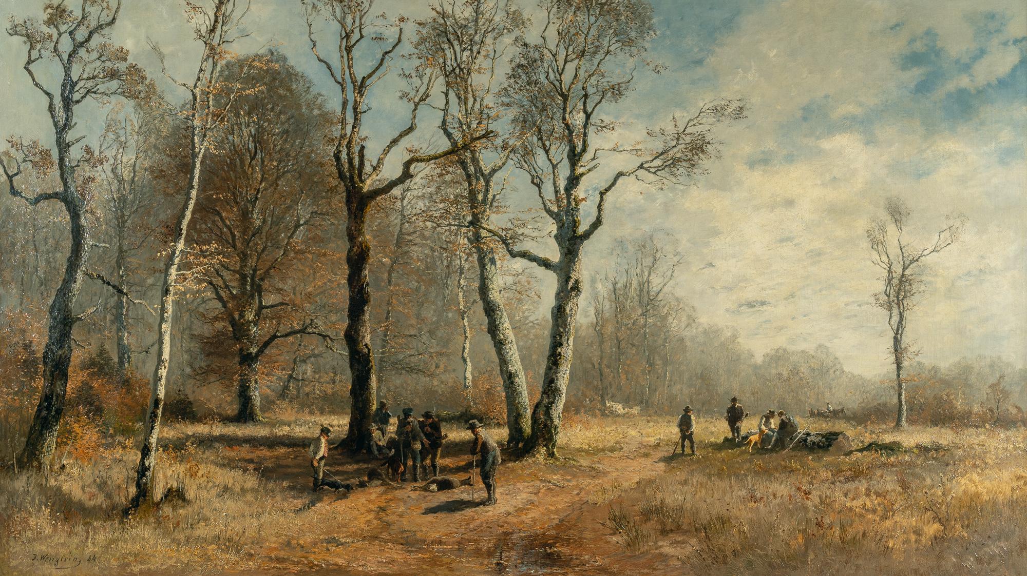 Joseph Wenglein - Rastende Jäger in herbstlicher Waldlandschaft