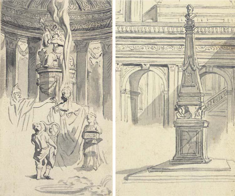 Joseph Werner Le Jeune - Un Prêtre Devant Un Autel Avec Deux Enfants Portant Une Boite Et Un Vase; Et Un Obélisque Surmonté D\'Un Buste Devant Des Arcades