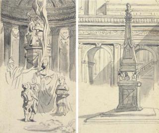 Joseph Werner Le Jeune - Un Prêtre Devant Un Autel Avec Deux Enfants Portant Une Boite Et Un Vase; Et Un Obélisque Surmonté D\'Un Buste Devant Des Arcades