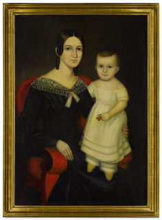 Joseph Whiting Stock - Portrait Of A Young Mother With A Little Girl Standing In Lap Wearing Yellow Slippers