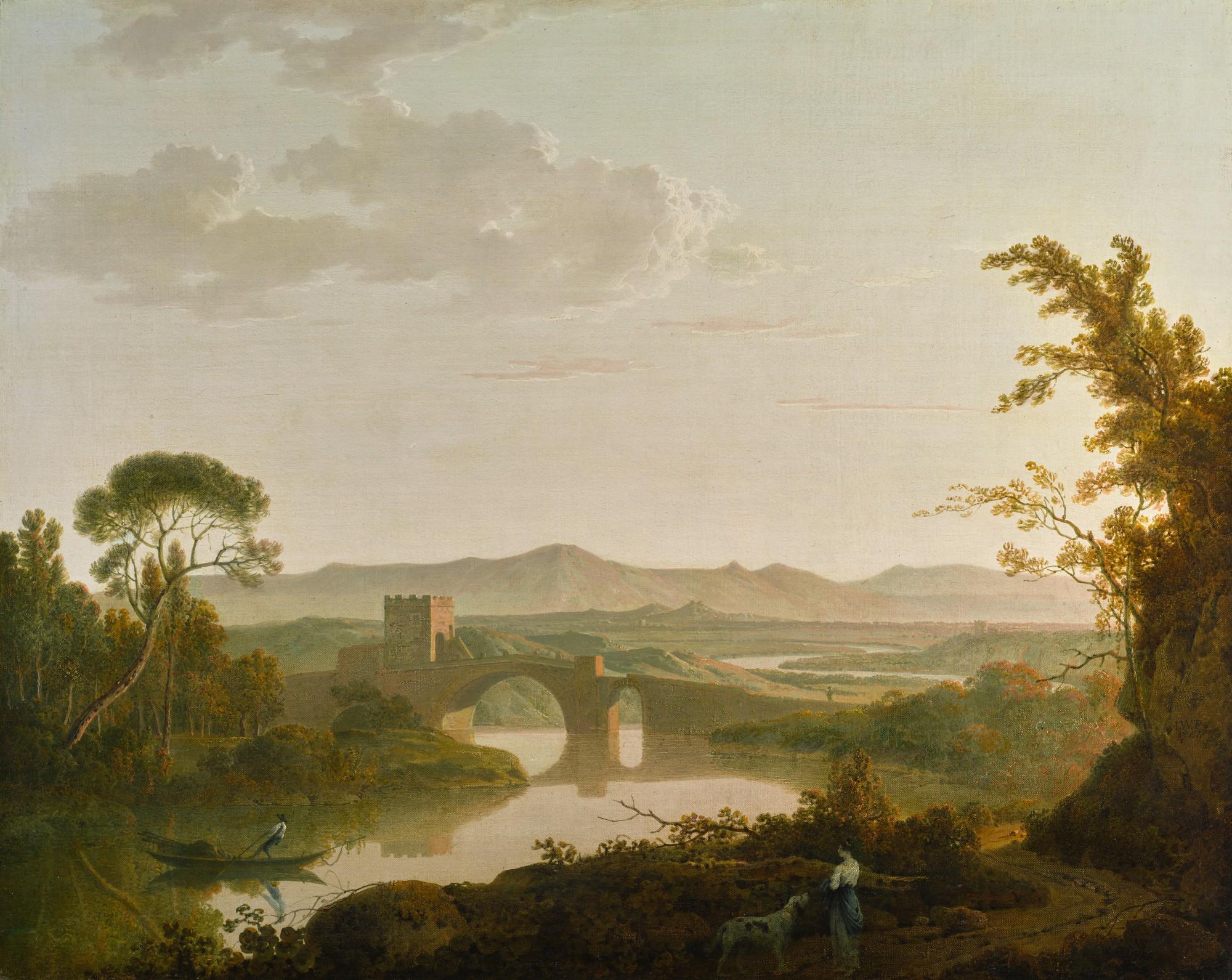Joseph Wright Of Derby, A.R.A. - An Italian River Landscape With A Bridge And Tower At Sunset, With Figures In The Foreground