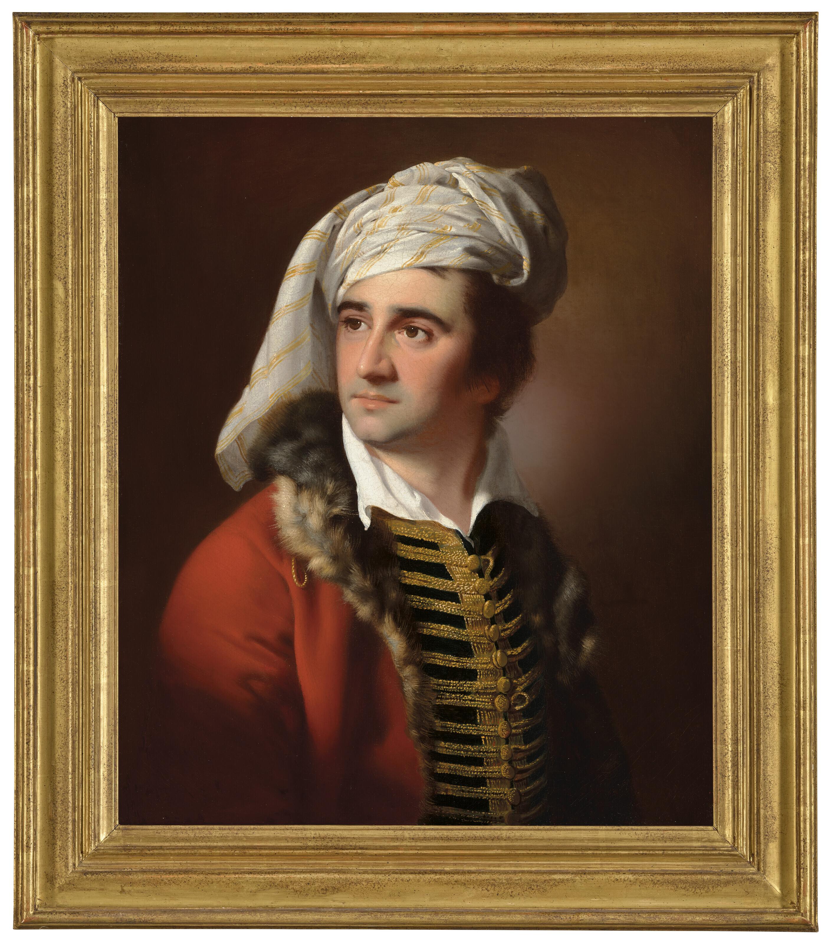 Joseph Wright Of Derby, A.R.A. - Portrait of a gentleman in a red fur-trimmed coat, frogged waistcoat and a white turban