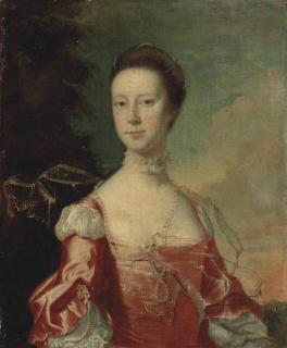 Joseph Wright of Derby, A.R.A. - Portrait of a lady, possibly Elizabeth Pigot (c. 1726-1766), half-length, in a pink dress, with pearls and a shawl, in a wooded landscape