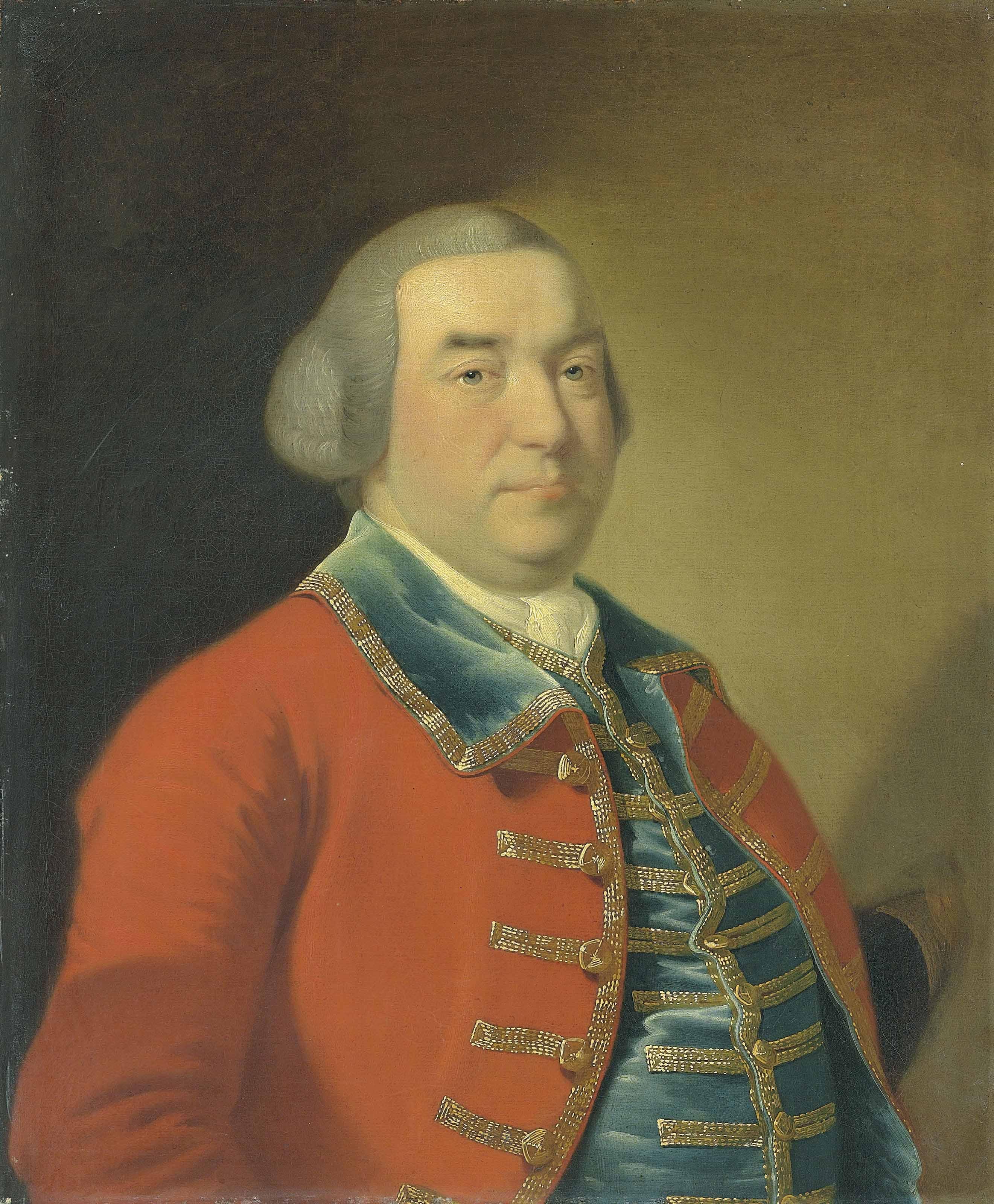 Joseph Wright Of Derby, A.R.A. - Portrait Of Captain William Kirke (1715-1773), Bust-Length, In A Red Military Coat And Blue Waistcoat With Gold Embroidery