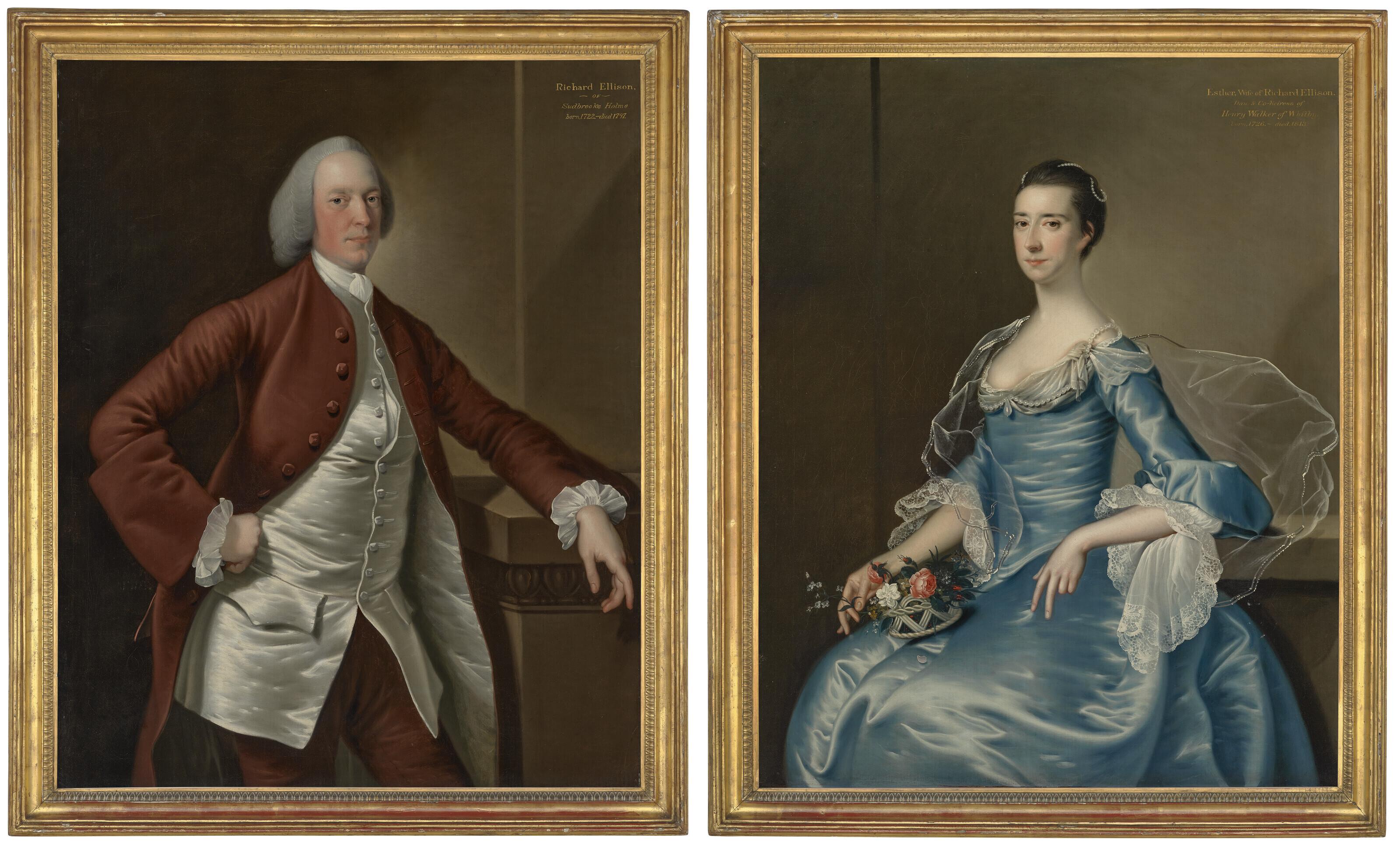 Joseph Wright Of Derby, A.R.A. - Portrait of Richard Ellison (1722-1797), three-quarter-length, in a claret coat; and Portrait of Esther Ellison, née Walker (1726-1813), three-quarter-length, in a blue dress