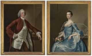 Joseph Wright Of Derby, A.R.A. - Portrait of Richard Ellison (1722-1797), three-quarter-length, in a claret coat; and Portrait of Esther Ellison, née Walker (1726-1813), three-quarter-length, in a blue dress