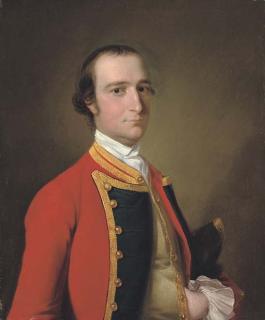 Joseph Wright of Derby, R.A. - Portrait of a gentleman, traditionally identified as Alexander Baillie of the First Foot, half-length, in military uniform, a hat under his left arm