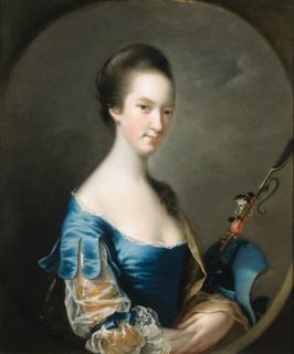 Joseph Wright of Derby - Portrait of a Lady, half-length, in a blue and yellow dress, holding a shepherd\'s crook decorated with flowers, in a painted oval