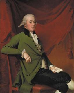 Joseph Wright Of Derby - Portrait of Edward Abney of King Newton, seated three-quarter-length, in a green coat and black breeches, holding a letter in his left hand, before a red curtain
