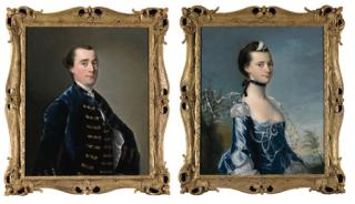 Joseph Wright of Derby - Portrait of Sampson Copestake of Kirk Langley (d.1781), half-length, in a blue velvet uniform; and Portrait of Elizabeth Copestake, half-length, in a blue dress decorated with lace and pearls, in a landscape