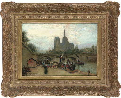 Joseph Yelverton Dawbarn, R.A. - Barges on the Seine with Notre Dame beyond