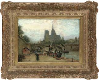 Joseph Yelverton Dawbarn, R.A. - Barges on the Seine with Notre Dame beyond