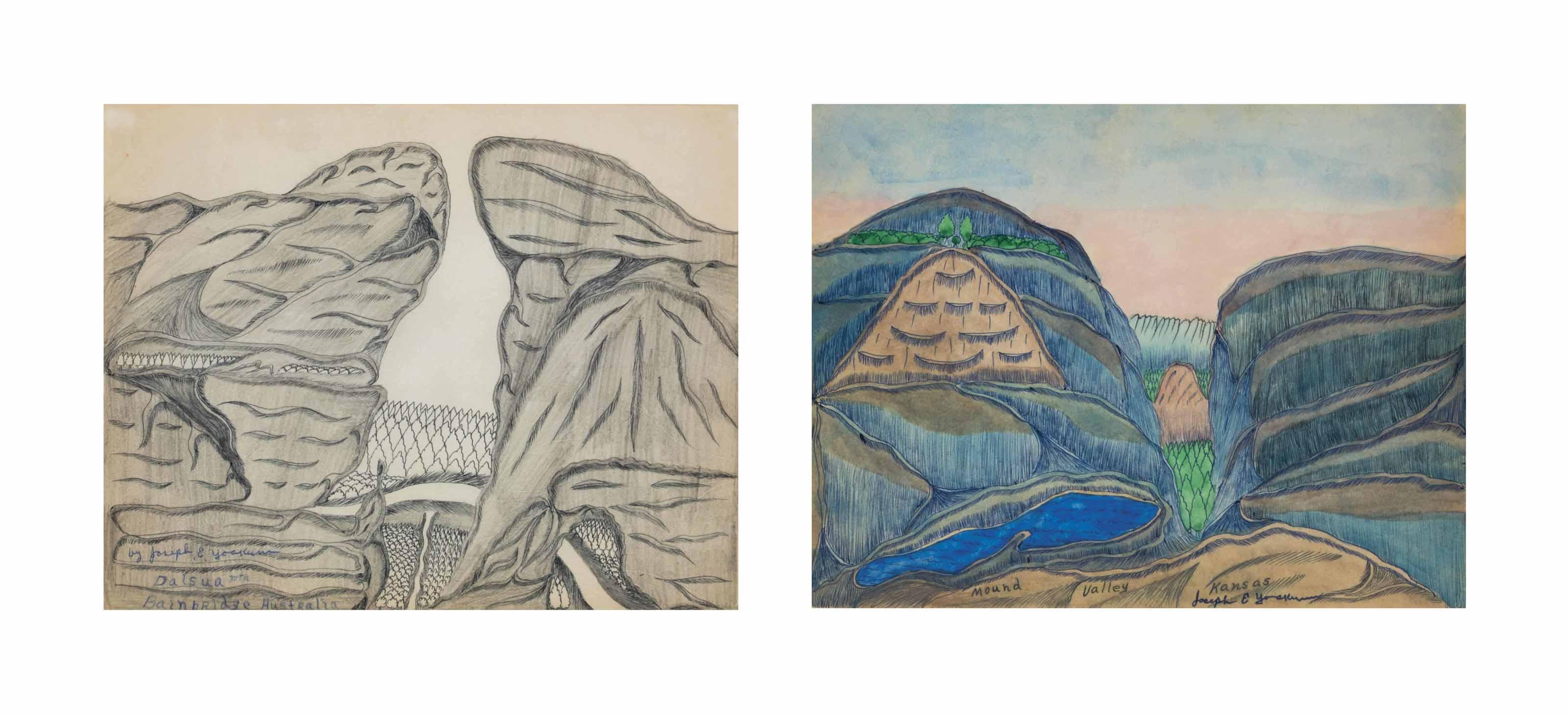 Joseph Yoakum - Mound Valley, Kansas and Dalsua Mountain, Bainbridge, Australia; two works
