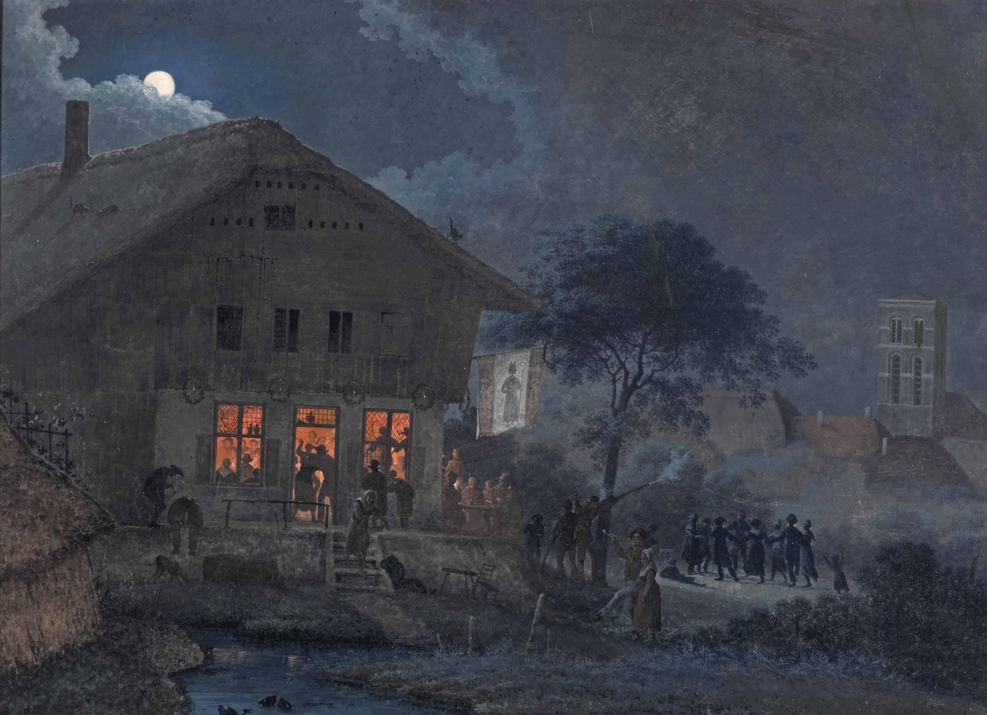 Josephus Augustus Knip - A Feast By Full Moon Near A Village Inn