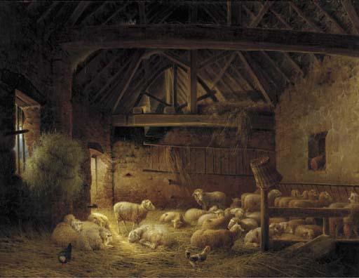 Josephus Augustus Knip - A flock of sheep in a stable