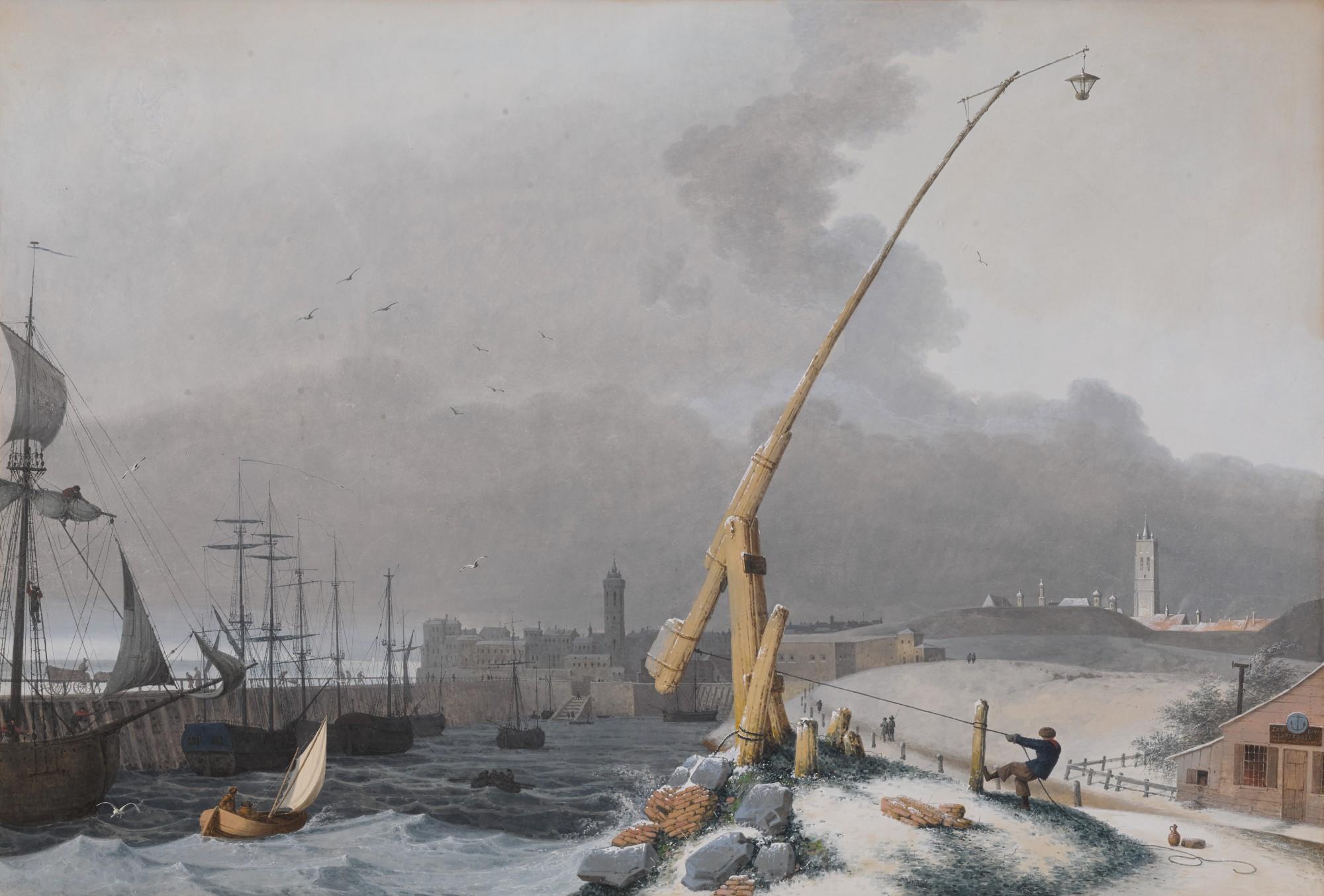 Josephus Augustus Knip - A Port In Winter With A Man Raising A Lantern