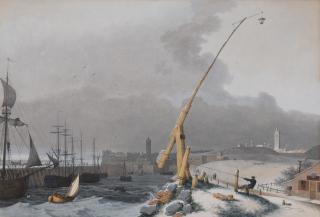 Josephus Augustus Knip - A Port In Winter With A Man Raising A Lantern