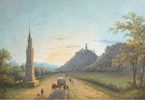Josephus Augustus Knip - A View of The Road From Bonn To Bad Godesberg In Germany At Sunset, With A Gothic Monument On The Left And The Ruins of Godesberg Castle In The Background, Peasants Repairing A Carriage In The Foreground