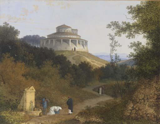 Josephus Augustus Knip - An extensive landscape with peasants and a priest by a fountain, a circular basilica on a hill beyond