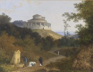 Josephus Augustus Knip - An extensive landscape with peasants and a priest by a fountain, a circular basilica on a hill beyond