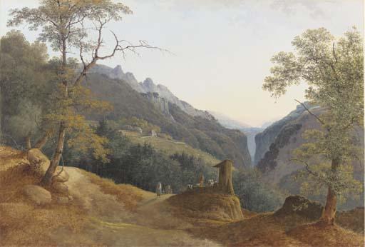 Josephus Augustus Knip - An extensive landscape with travellers at a roadside shrine, a steep gorge beyond