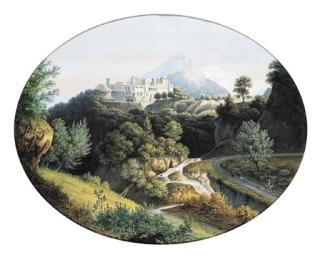 Josephus Augustus Knip - An extensive montainous landscape with a town on the top of a hill